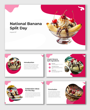 National Banana Split Day layout with modern pink-white theme, banana split images, circle cutouts, and text on tradition.