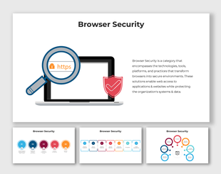 Browser Security presentation showing HTTPS lock, red shield, laptop graphic, colored circles, and infographic layouts.