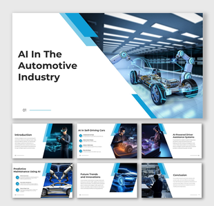 AI In The Automotive Industry slide with holographic car, robotic arms, blue theme, hexagon shapes, and clear text holders.