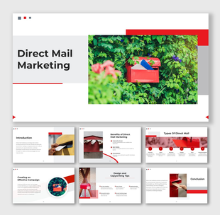 Direct Mail Marketing slides with red mailbox, letters, green background, red-white theme, icons, and structured text holders