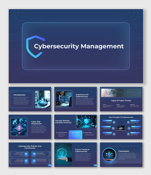 Cybersecurity Management infographic showing shield, cyber threat visuals, policy icons, modern blue layouts, text holder.
