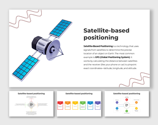 Satellite Based Positioning design showing 3D satellite, GPS charts, colorful shapes, red accents, and clear text sections.