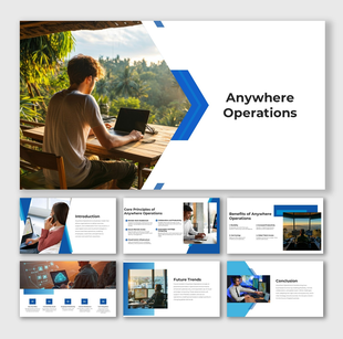 Anywhere Operations deck featuring laptop users, digital screens, blue-white theme, infographic icons, and clear text layouts
