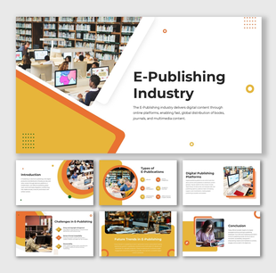 E-Publishing Industry infographic featuring desktops, library users, orange gradient shapes, icons, and structured text.
