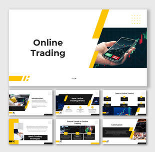 Online Trading deck featuring buy-sell phone visuals, graphs, yellow accents, infographic icons, and structured text section.