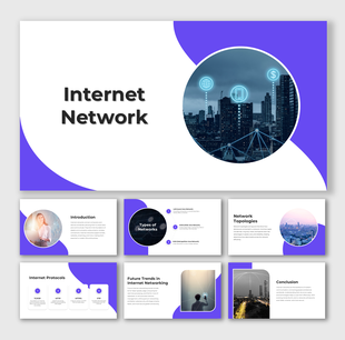 Internet Network slide with city skyline, glowing icons, purple wave shapes, circle photo frames, and white text holders.