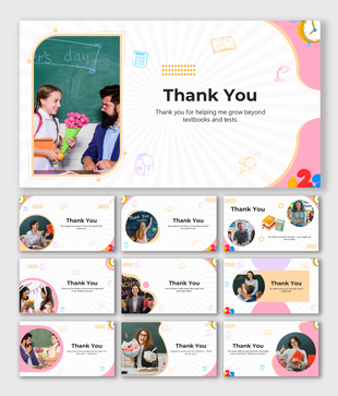 Thank You From Student design with pastel panels, photo frames, clock and book icons, and warm text placeholders.