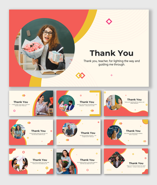 Thank You Teacher design with colorful borders, cartoon hugs, chalkboard shapes, and note-style text holders.