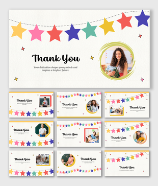 Thank You Slides For School Staff showing hanging stars in red, yellow, pink, green, blue with teacher images in shapes.