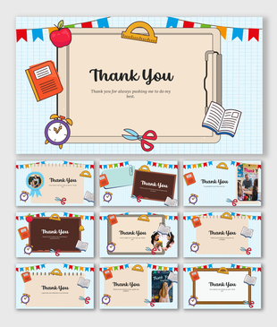 Colorful PPT Presentation Thank You Slide featuring school elements like apple, notebook, clock, and open book icons.