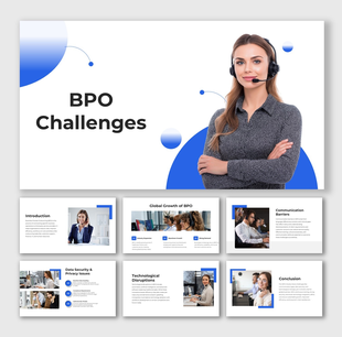 BPO Challenges template with office workers, call agents, laptops, blue abstract circles, image frames, section text hold.