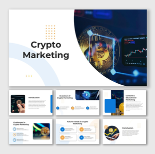 Crypto Marketing slides with coin images, blue-orange blocks, circle shapes, and content on future strategies.