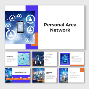 Personal Area Network slides with phone icons, laptop visuals, blue-orange colors, and structured text holders for info.