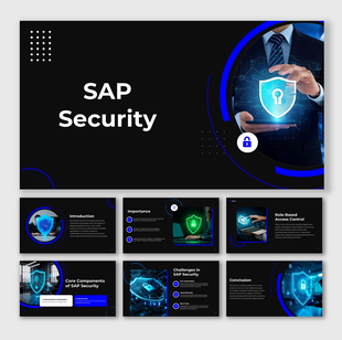 SAP Security slides showing shield icons, glowing lock visuals, business professional, and blue-black layout with text areas.