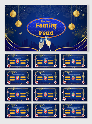 New Years Family Feud quiz slides featuring fireworks, champagne, gift icons, and dark blue background with golden accents.