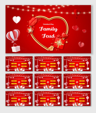 Valentines Day trivia slides with romantic red background, glowing lights, gift box, balloons, and heart graphics for quiz.