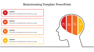 Brainstorming slide with four numbered sections in red, orange, and yellow, aligned beside a segmented human head graphic.