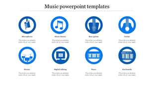 Music PowerPoint slide featuring icons from microphone to keyboards with icons and placeholder text.