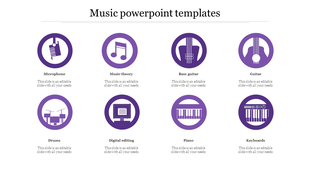 Music infographic with eight round purple icons, including instruments like guitar, drums, and keyboard, along with theory.
