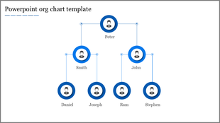 Organizational chart template in blue, with circular nodes representing team members in a business structure.