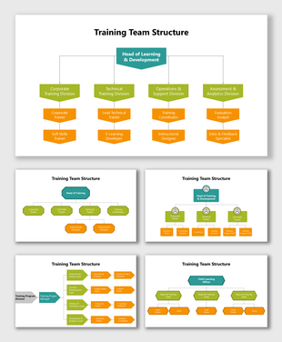 Training Team Structure showing head of learning, trainers, coordinators, designers, and support staff hierarchy.