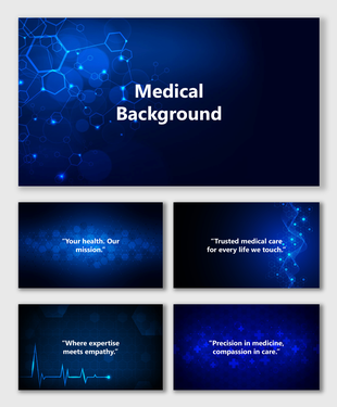 Dark blue medical background slides with glowing hexagons, ECG lines, molecular shapes, and futuristic healthcare visuals.