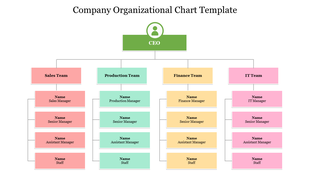 CEO in a green box, connected to four departmental teams in orange, teal, yellow, and pink forming a flowchart structure.