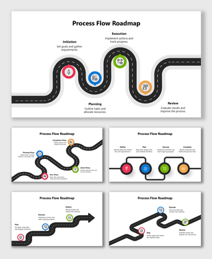 Process Flow Roadmap with icons showing initiation, planning, execution, review stages across curved road paths.