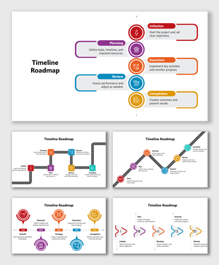 PowerPoint Timeline Roadmap showing steps from initiate, plan, develop, execute, and review with colored icons.