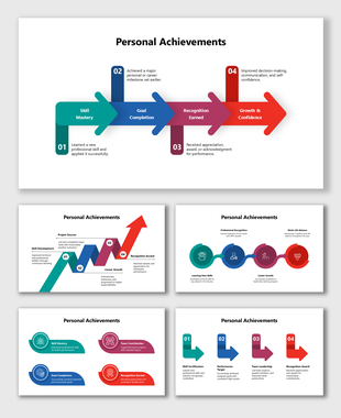 Showcase key personal milestones, skills, recognitions, and growth with clean visuals, arrows, and step-based layouts.