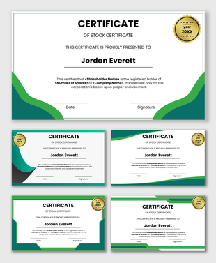 Business stock certificate template showing shareholder name shares company details green layout date signature seal.