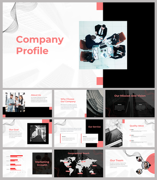Company profile slide deck featuring business team photos, skyscraper images, bar charts, and circular team portraits.