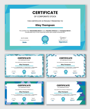 Customizable Corporate Stock Certificates featuring teal borders, shareholder details, seal, date and signature fields.