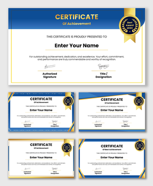 Blank printable certificate of achievement with blue gold border, award seal, name field, signatures, layout.