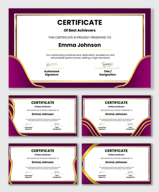 Certificate for achievers with purple gold border, recipient name, achievement text, signature fields, and clean layout.