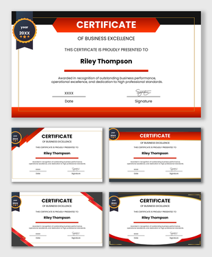Business Excellence certificate with red and black accents, gold lines, award badge, name field, date, and signature areas.