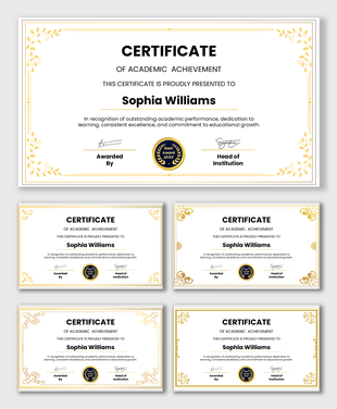 Gold-bordered Academic Achievement certificate with floral corners, name area, award badge, and signature fields.