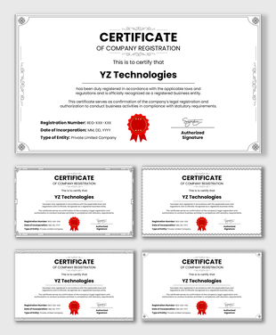 Company Registration Certificate with formal border, business name, details section, red seal, and authorized signature.