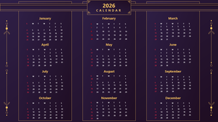 Printable 2026 calendar with dark purple theme, gold borders, elegant layout showing all months clearly design.