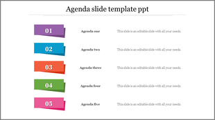 Agenda slide template with five colorful ribbon style labels numbered 01 to 05, and text descriptions on the right.