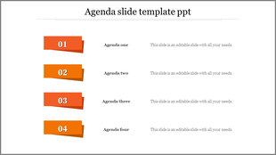 Agenda slide featuring four orange banners with white numbers, aligned with bold agenda titles and placeholder text areas.