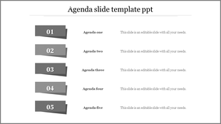 Agenda PPT slide with five numbered sections for different agenda items labeled in grey 1 through 5 with placeholder text.