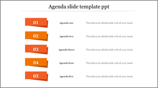Agenda slide with five orange banners numbered 1 to 5, each paired with a agenda title and description aligned in a row. 