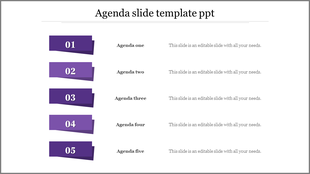 Five step agenda slide featuring purple numbered labels from 01 to 05 with titles and descriptive text alongside.