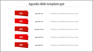Vibrant red agenda slide with five numbered sections and folded banner style design for a clean presentation.