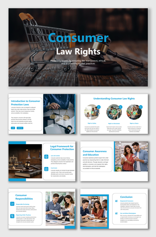 Consumer Law Rights presentation slides showing shopping cart, gavel, legal framework, rights, awareness today.