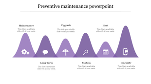 Preventive maintenance chart with six purple sections each labeled with an icon with placeholder text.