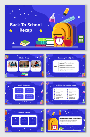 Back to School Recap slides with classroom activities, subjects summary, goals, actions and fun visuals today!