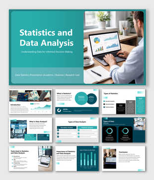 Statistics and Data Analysis slides explaining concepts, types, tools, charts and decision making use cases.