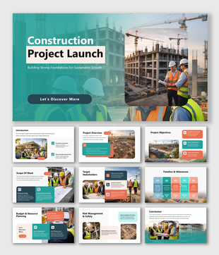 Construction Project Launch slides outlining project overview, objectives, timeline, stakeholders, risks and execution plan.